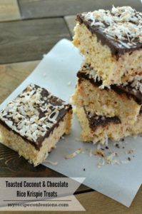 Toasted Coconut & Chocolate Rice Krispie Treats- These are the best rice krispie treats ever! My kids won't stop eating them. I love to make them because they are easy, delicious, and everybody loves them. I always get asked for the recipe and there are never any leftovers.