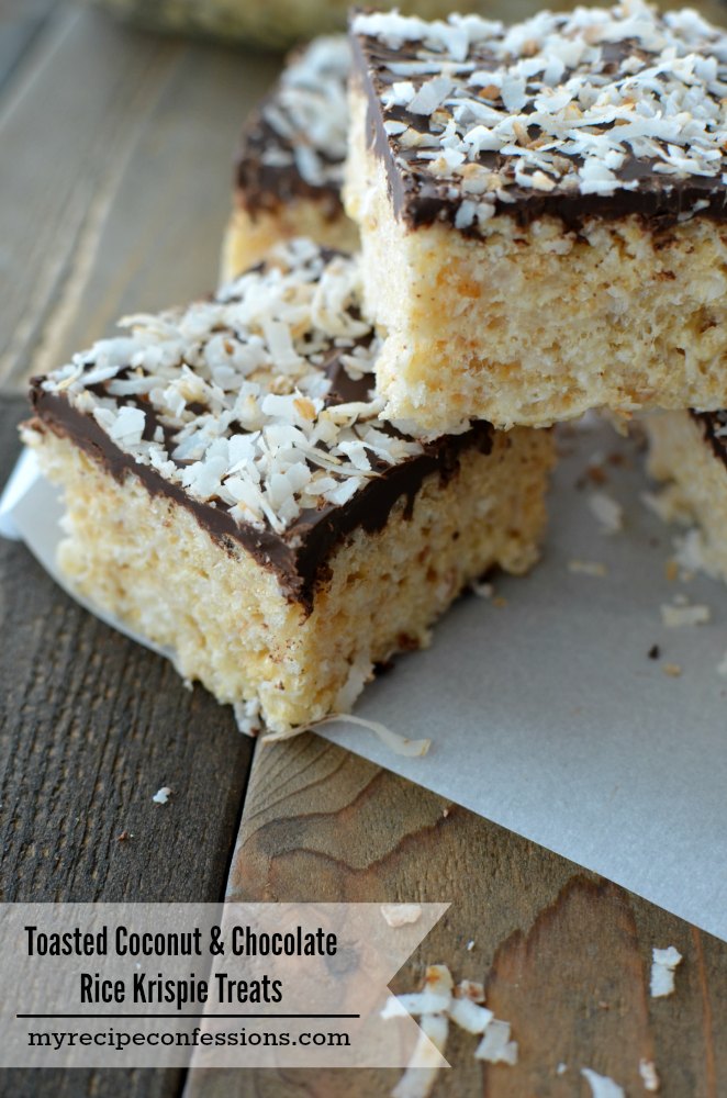 Toasted Coconut & Chocolate Rice Krispie Treats- These are the best rice krispie treats ever! My kids won't stop eating them. I love to make them because they are easy, delicious, and everybody loves them. I always get asked for the recipe and there are never any leftovers.