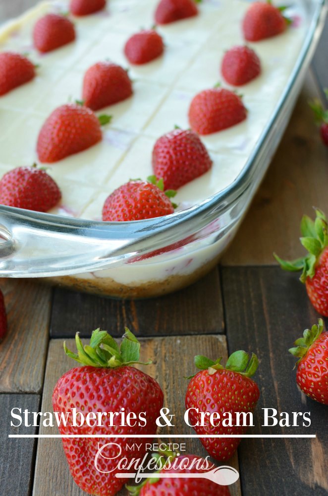 Strawberries & Cream Bars-How can something so good be so easy? Oh, believe me, it is possible with this amazing dessert recipe. Graham cracker crust, juicy strawberries, and a smooth and creamy filling. And you can make it all in under 30 minutes. They will make the perfect treat for your next party!