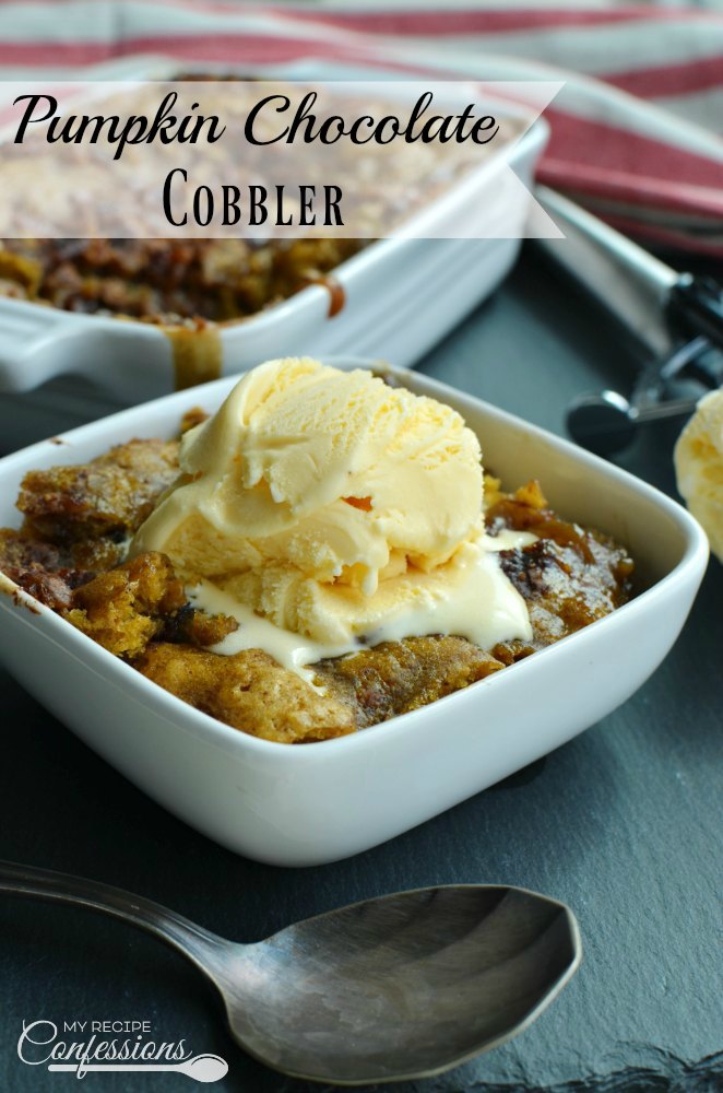 Pumpkin Chocolate Cobbler is a moist cobbler with a rich chocolate caramel sauce. It is an easy pumpkin dessert that everybody will love! This recipe is a keeper for sure!