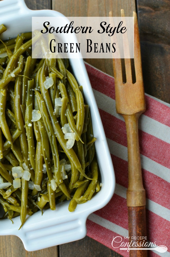 Southern Style Green Beans are the best green beans ever! They are cooked low and slow and as easy as can be. The smoky flavor makes these beans irresistible. I always get asked for the recipe and everybody is always surprised at how easy they are. They are a great side for any holiday dinner.