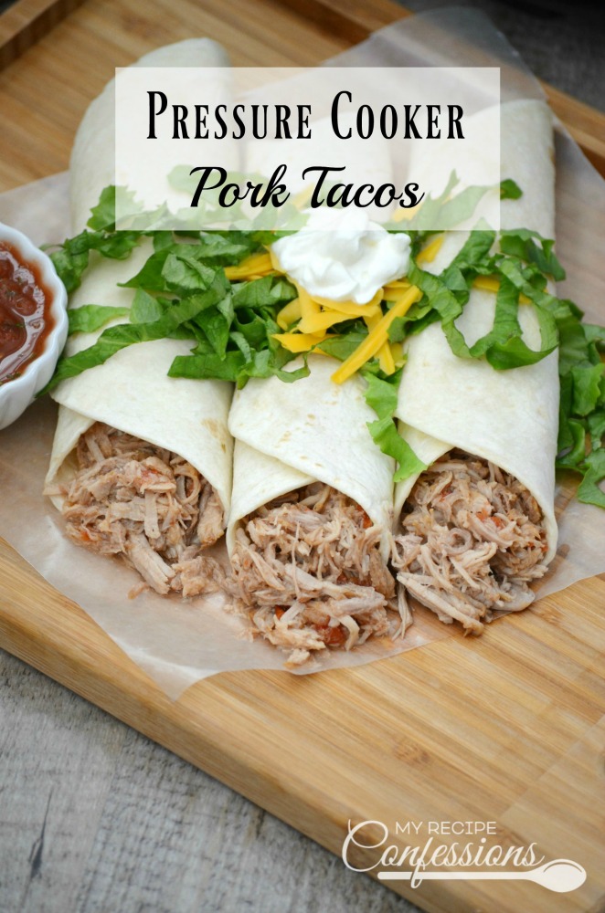 Pressure Cooker Pork Tacos are tender and dripping in flavor! I was floored at how fast this meat cooks in the pressure cooker. It took less than 2 hours to cook from start to finish. In the oven or crockpot, it would take 4 to 6 hours to get the meat this tender! You have to try this recipe, it is amazing!